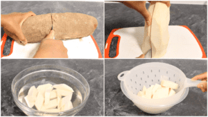 prepping yam for frying